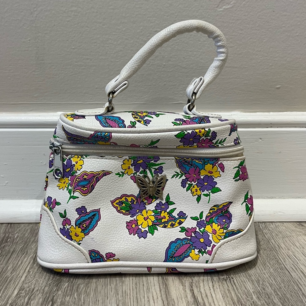 Floral White Handbag with Butterfly Accent